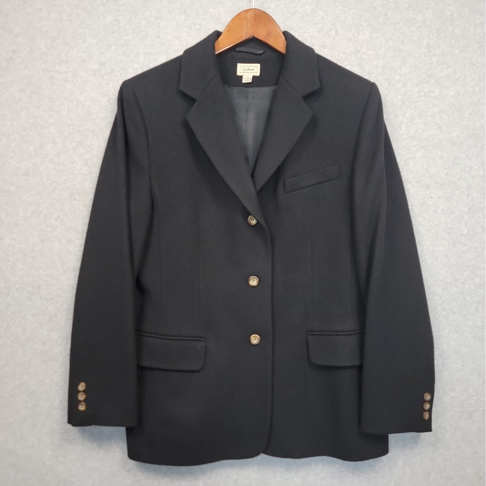 LL Bean Black Wool Cashmere Blend Blazer Jacket Women's Size 14R Classic Lined
